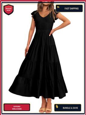 Smocked Flowy Maxi Dress with V-Neck and Cap Sleeves - Boho Summer